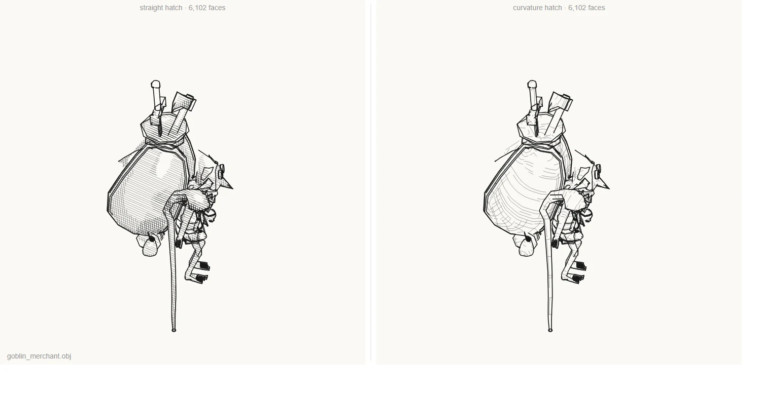 Goblin with straight hatch beside curvature-following hatch