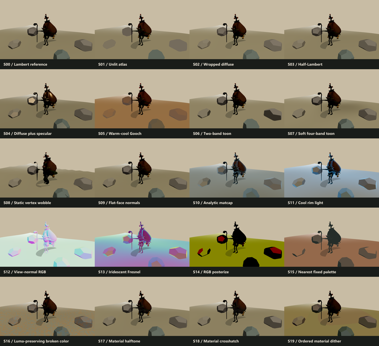 Labeled contact sheet of all twenty shader modes