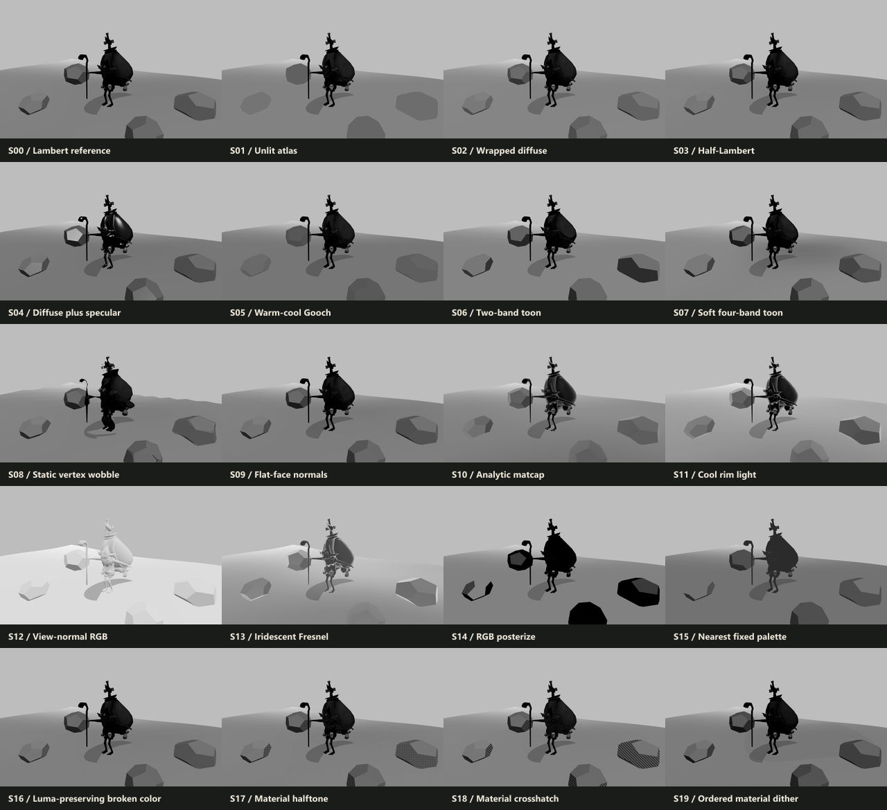 Grayscale contact sheet of all twenty shader modes