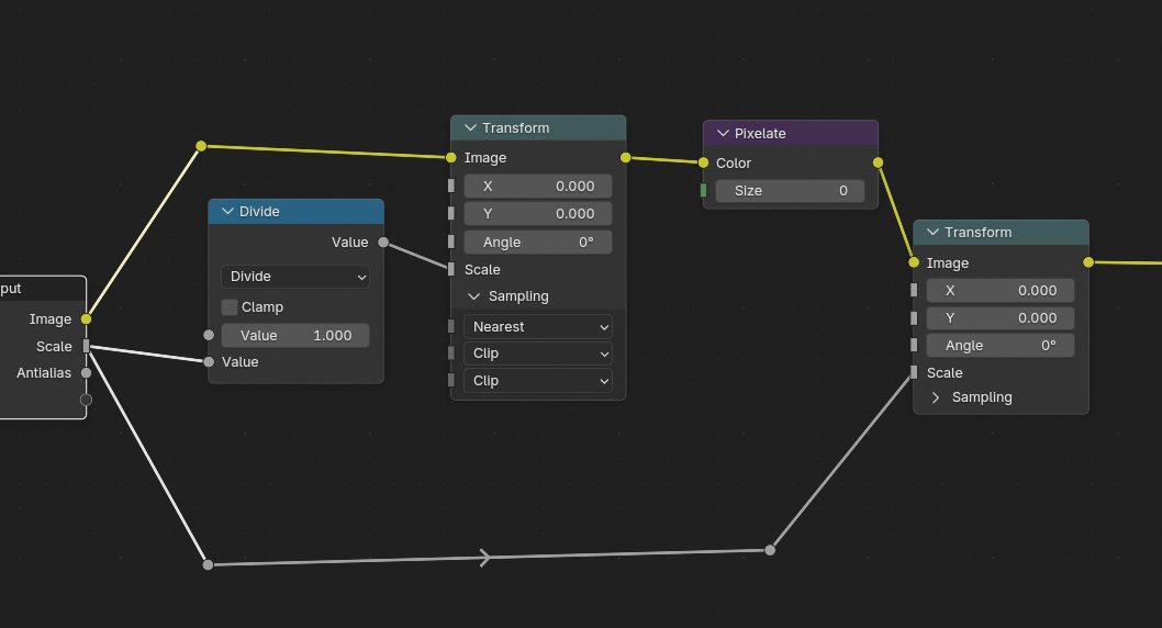 Blender compositor nodes for reusable hard pixelization and antialias removal