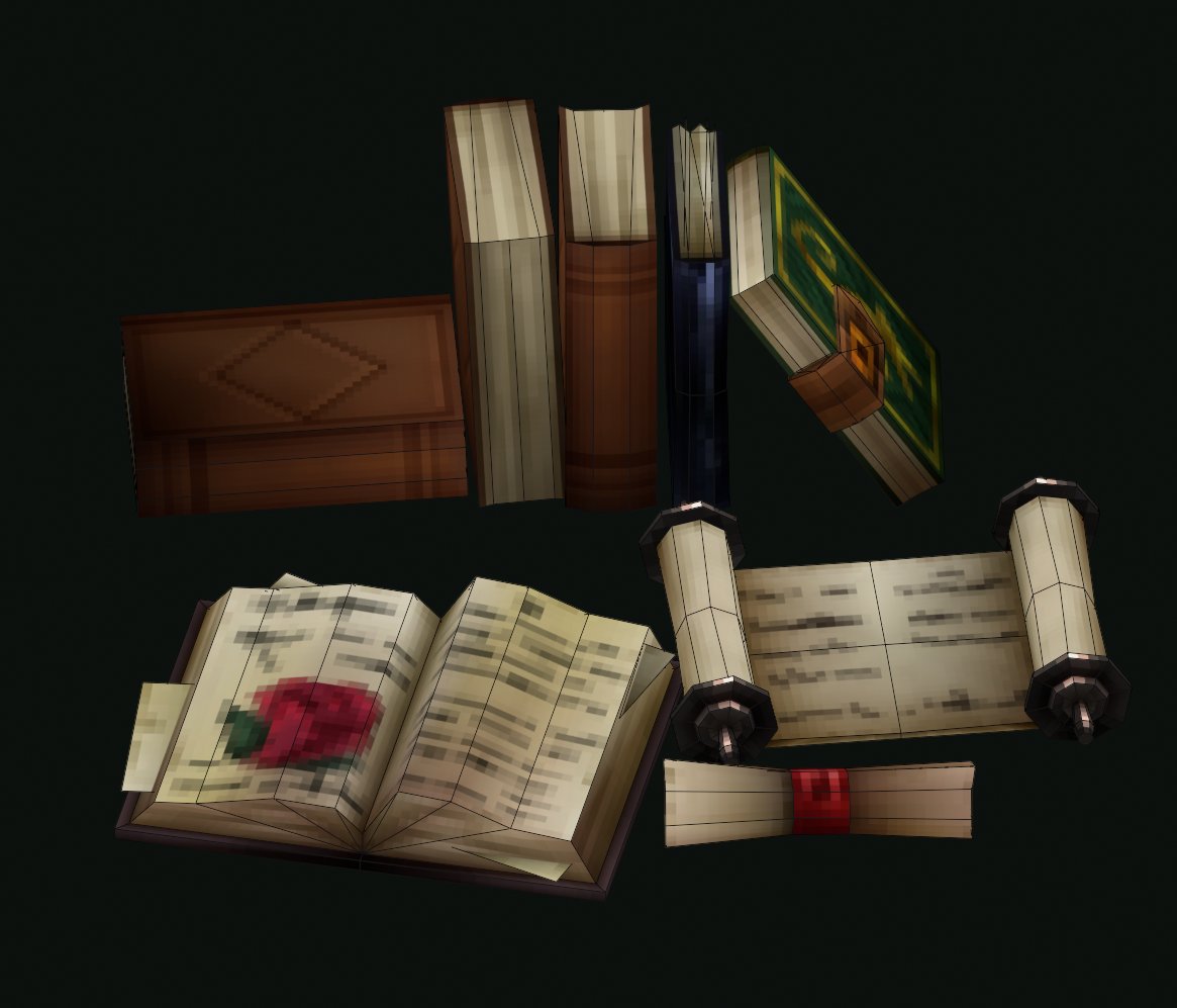 Several detailed low-poly book and scroll models painted with a compact texture workflow