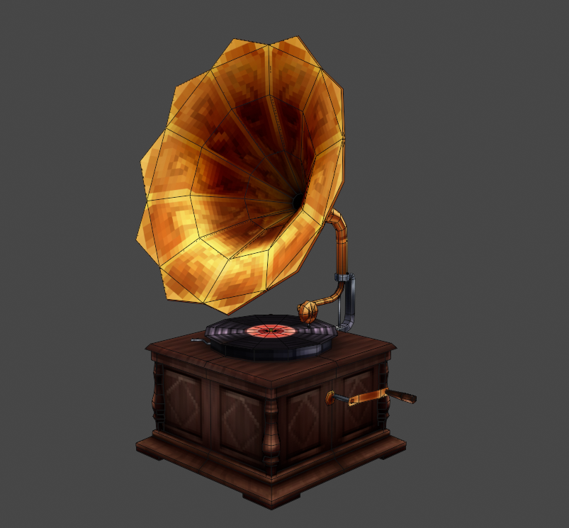 A painted low-poly gramophone illustrating deliberate silhouette and geometry