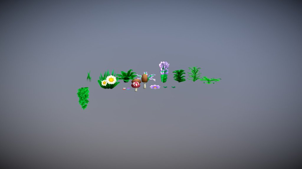 A line of hand-painted low-poly vegetation models