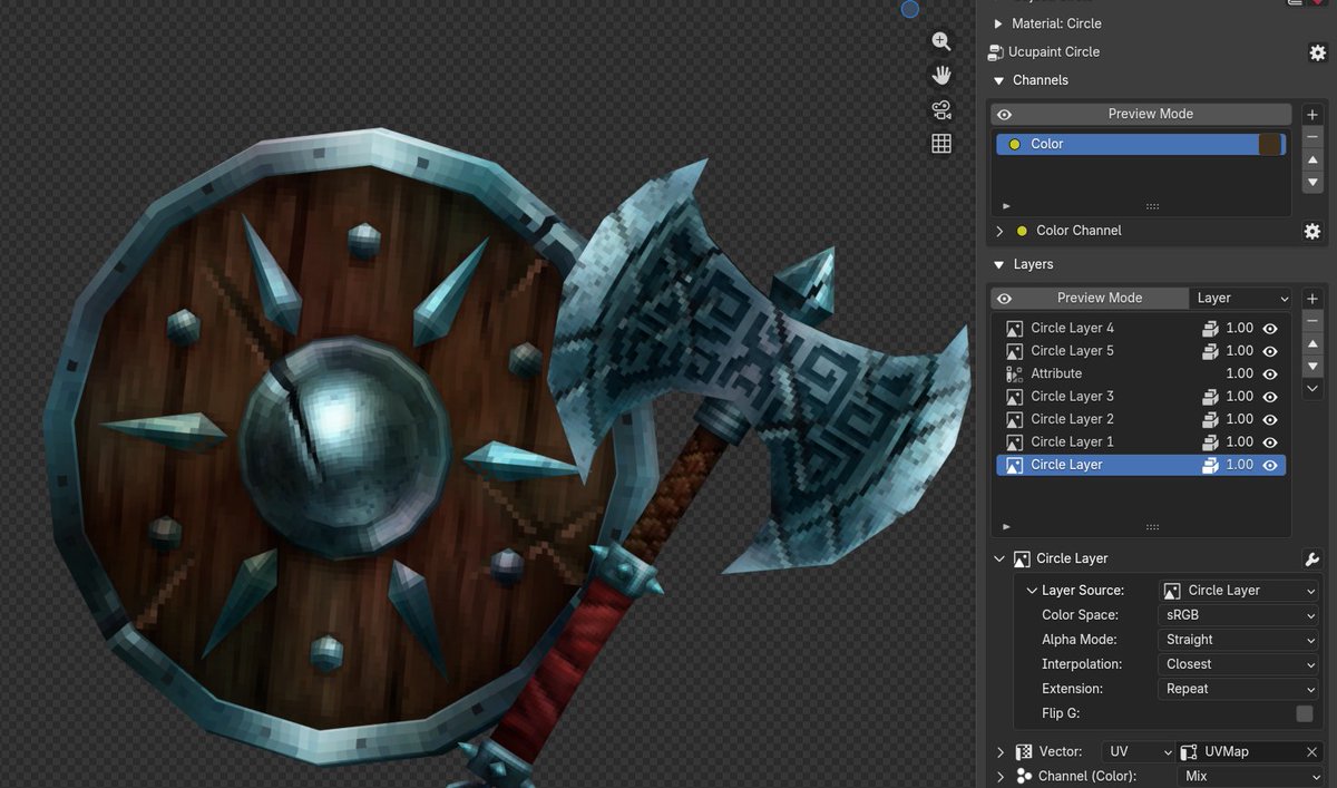 Painted Viking axe and shield beside visible Ucupaint material layers in Blender