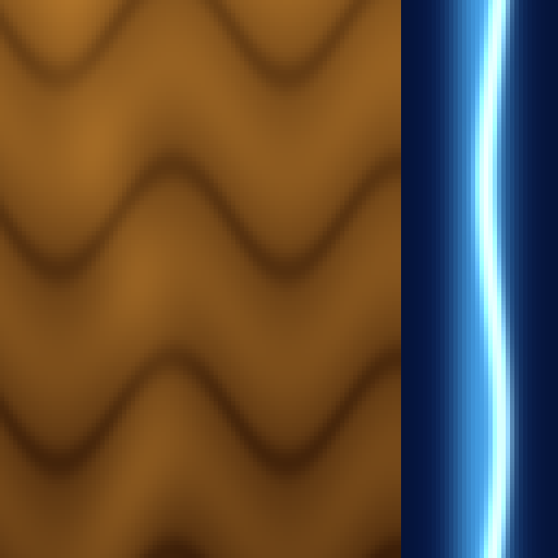 Upscaled nearest-filtered reconstruction color texture with warm wood and blue highlight fields