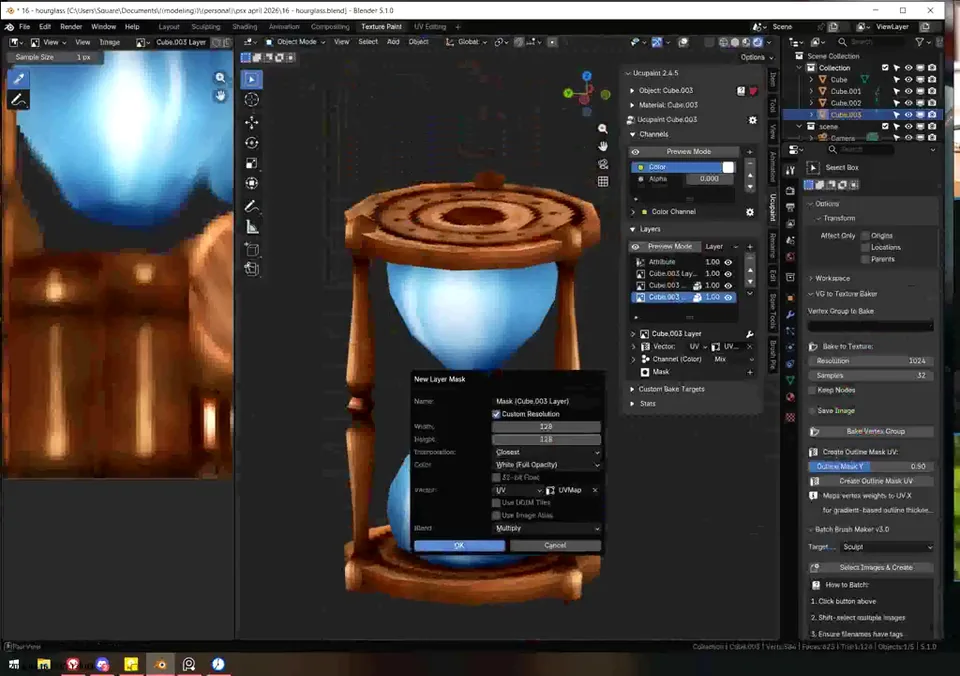 SquareAnon's Blender interface at source frame F3333, showing the glass mask image dialog at 128 by 128 pixels